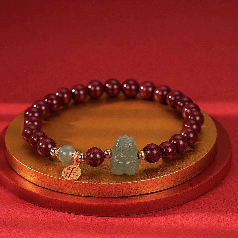 Buddha Stones 925 Sterling Silver Year of the Dragon Natural Cinnabar Hetian Jade Dragon Fu Character Ruyi As One Wishes Charm Blessing Bracelet (Extra 30% Off | USE CODE: FS30)