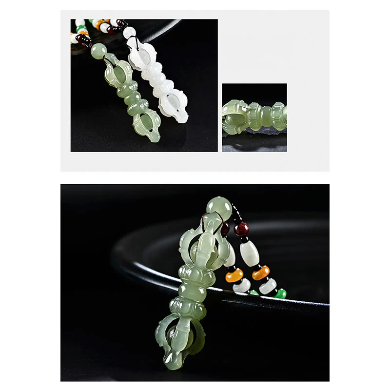 Buddha Stones Tibetan Natural Hetian Cyan Jade White Jade Dorje Vajra Engraved Success Necklace Pendant