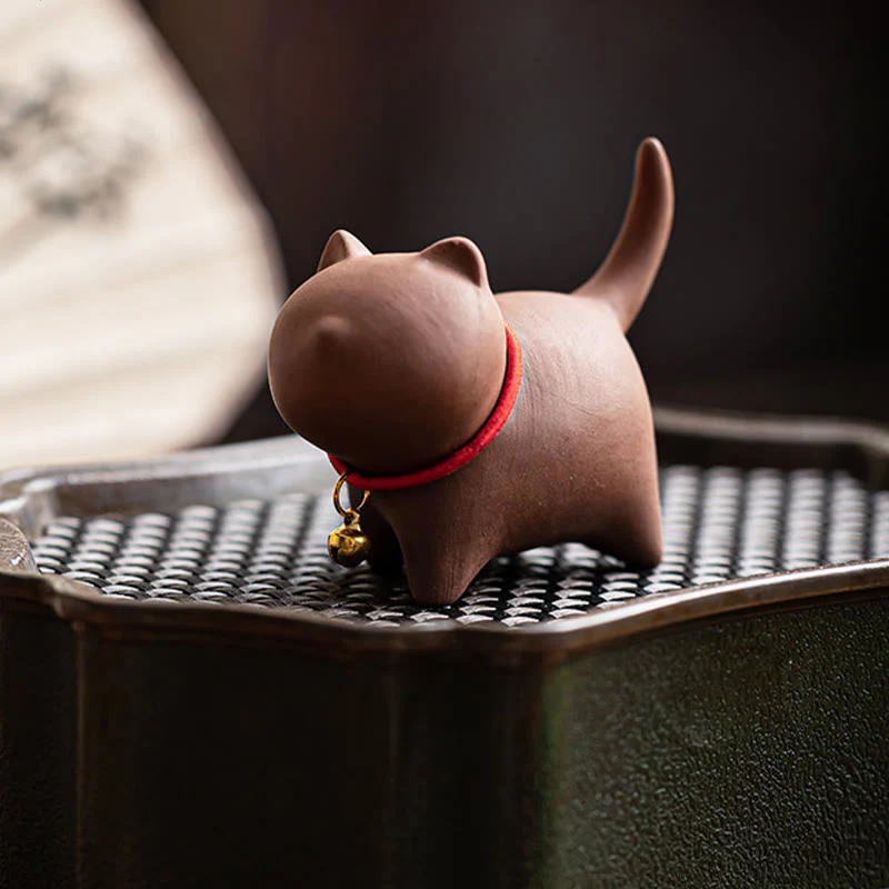 Buddha Stones Mini Lovely Red Rope Bell Cat Tea Pet Purple Clay Figurine Desk Decoration