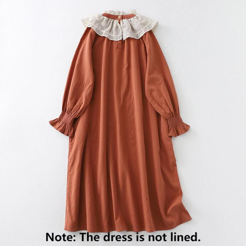 Buddha Stones Casual Ruffled Lace Patchwork Design Puff Sleeve Cotton Midi Dress With Pockets