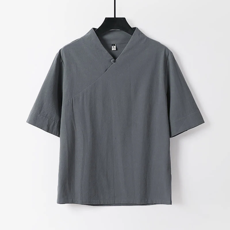 Buddha Stones 2Pcs V-Neck Cotton Half Sleeve Shirt Pants With Pockets Men's Meditation Cloth Set