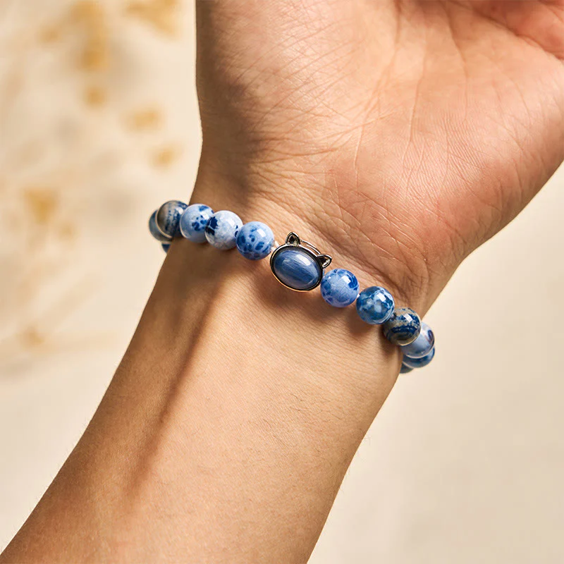 Buddha Stones Natural Cat Head Blue Agate Kyanite Protection Bracelet
