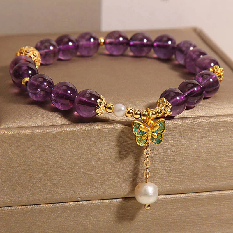 Buddha Stones Natural Amethyst Amber Green Butterfly Healing Bracelet