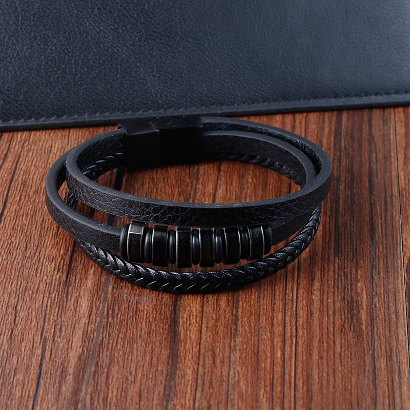 Buddha Stones Simple Titanium Steel Braided Three-layer Leather Buckle Calm Bracelet