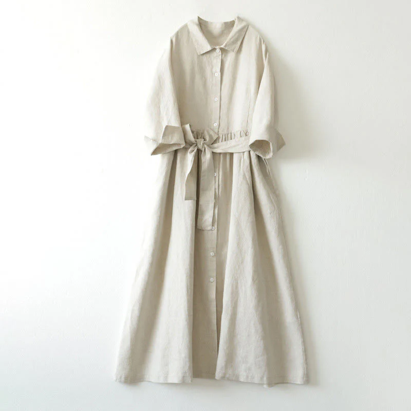 Buddha Stones Casual Plain Lace-up Stand Collar Linen Midi Dress With Pockets