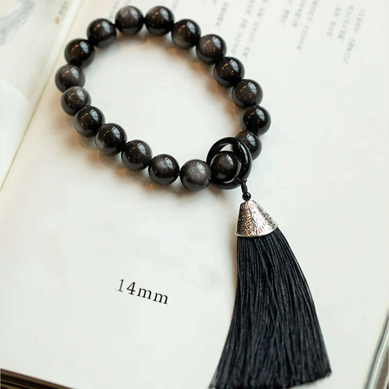 Buddha Stones Natural Silver Sheen Obsidian Black Obsidian Lion Wrist Mala Protection Tassels Pocket Mala Car Decoration