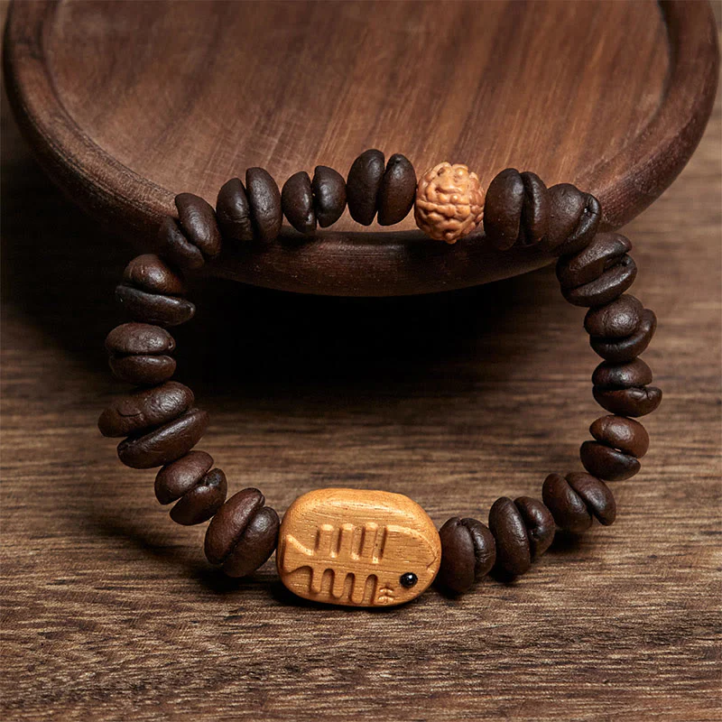 Buddha Stones Handmade Fishbone Real Coffee Beans Wenge Wood Bracelet