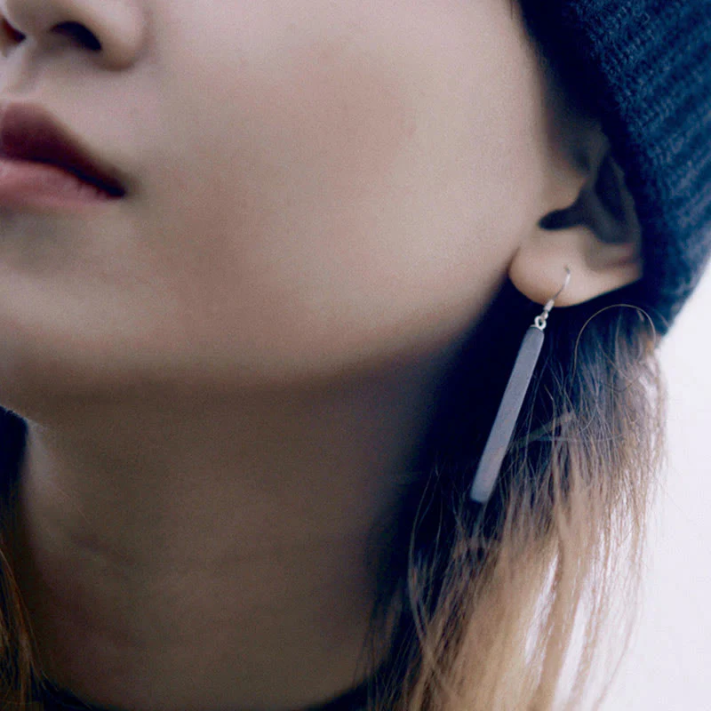 Buddha Stones 925 Sterling Silver Ebony Wood Texture Balance Peace Drop Dangle Earrings