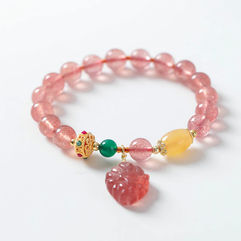 Buddha Stones Natural Strawberry Quartz Nine Tailed Fox Healing Bracelet