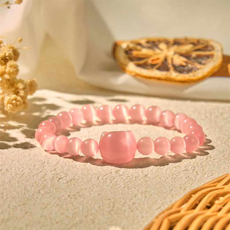 Buddha Stones Lovely Cat Head Pink Cat's Eye White Cat's Eye Spiritual Beads Bracelet