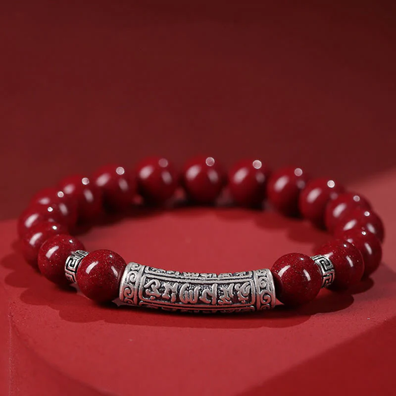 Buddha Stones Cinnabar 999 Sterling Silver Six True Words Blessing Bracelet