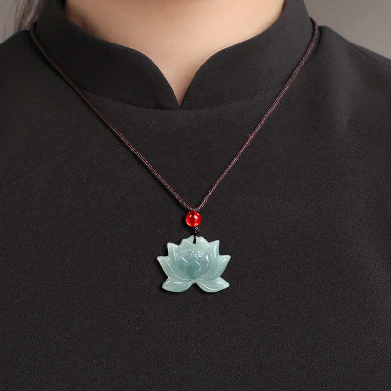 Buddha Stones Lotus Flower Pattern Carved Jade Prosperity Necklace Pendant
