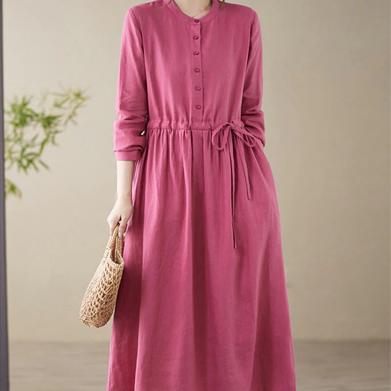 Buddha Stones Casual Plain Crew Neck Lace-up Cotton Linen Midi Dress With Pockets