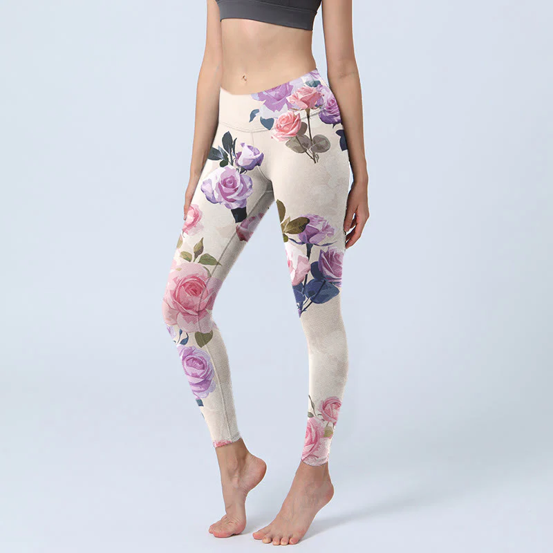 Buddha Stones Beige Rose Flowers Print Gym Leggings Women's Yoga Pants