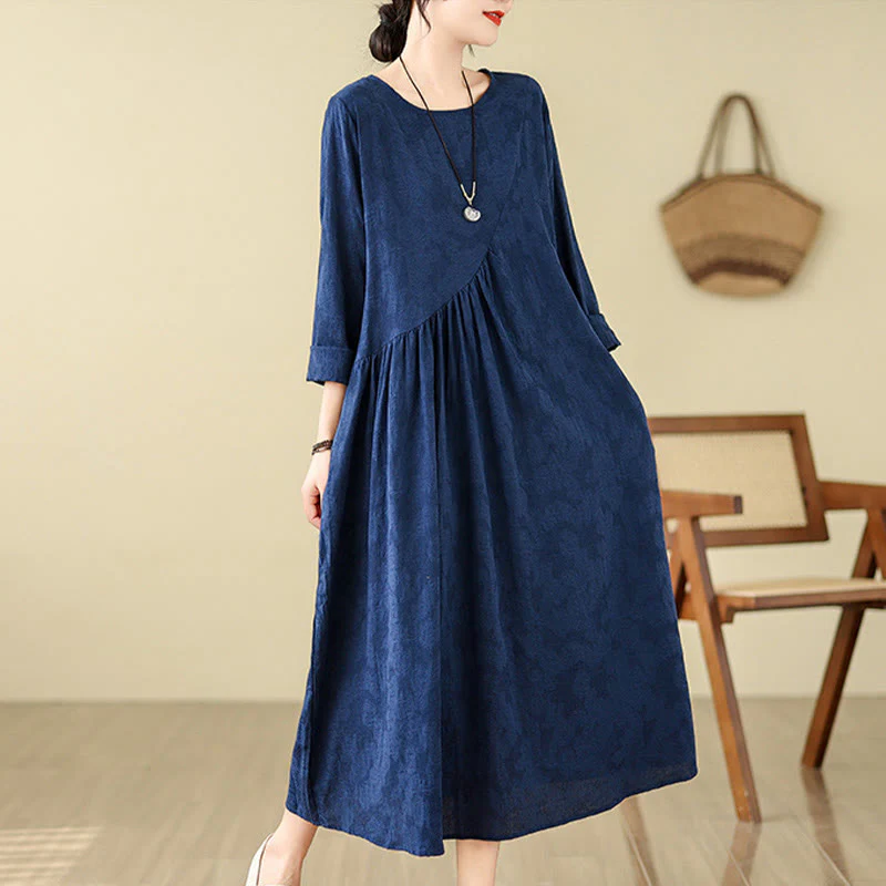 Buddha Stones Plain Jacquard Flower Irregular Design Cotton Linen Midi Dress With Pockets