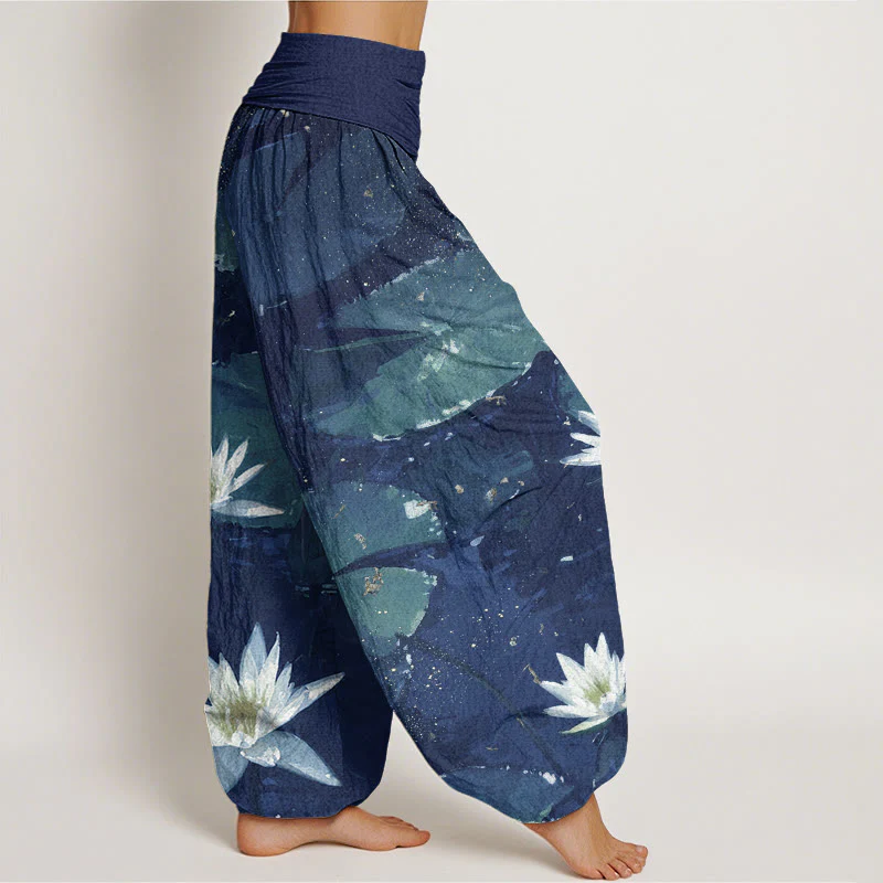 Buddha Stones Casual Lotus Leaves On The Lake Pattern Women's Elastic Waist Harem Pants