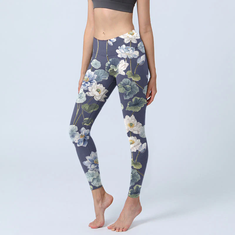 Buddha Stones Blue White Lotus Flowers Oil Painting Print Gym Leggings Women's Yoga Pants