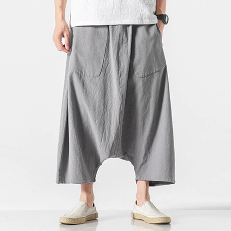 Buddha Stones Casual Low Crotch Design Drawstring Men's 7-8 Length Cotton Linen Wide Leg Pants With Pockets