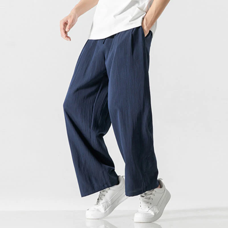 Buddha Stones Summer Casual Plain Straight Leg Design Men's Cotton Linen Drawstring Pants With Pockets