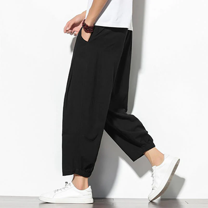 Buddha Stones Summer Men's 7-8 Length Cotton Linen Carrot Pants With Pockets