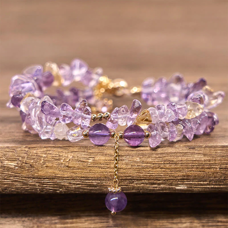 Buddha Stones Irregular Natural Amethyst Citrine Gravel Meditation Double Layer Bracelet