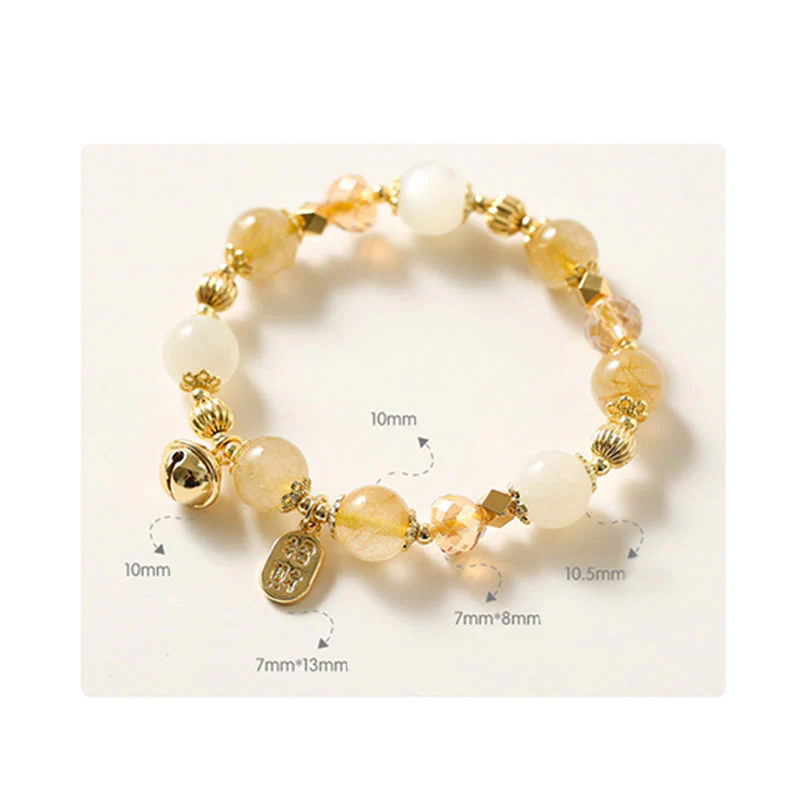 Buddha Stones 14K Gold Plated Golden Rutilated Quartz Wealth Bell Lucky Fortune Charm Bracelet
