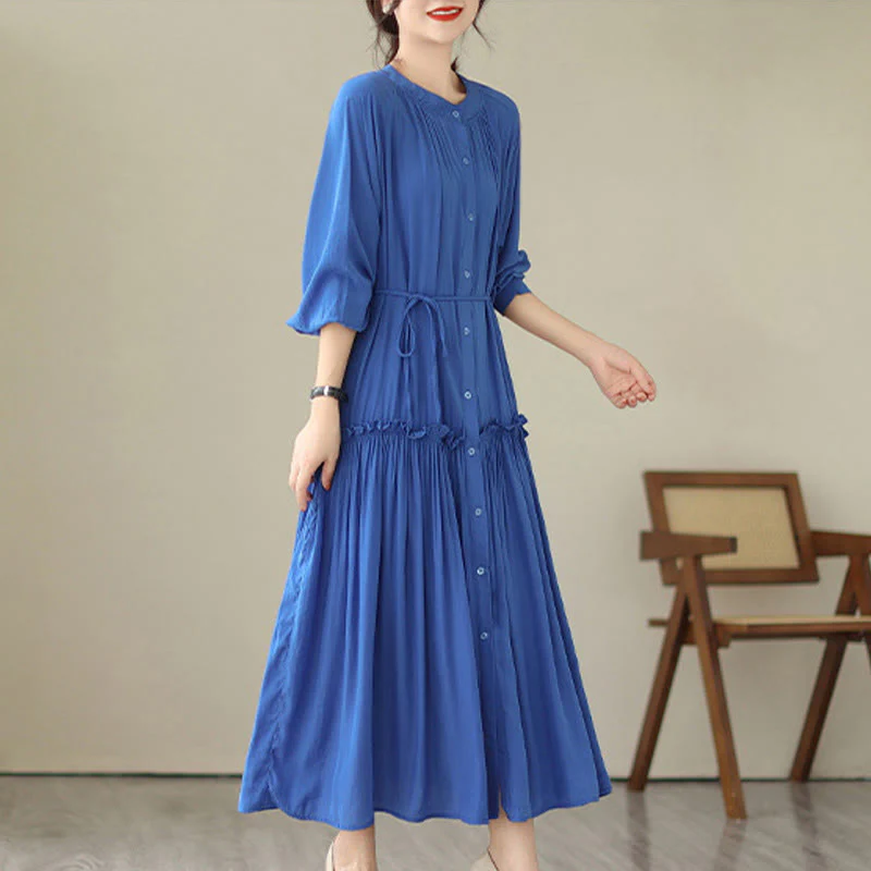 Buddha Stones Casual Plain Crew Neck Pleated Polyester Midi Dress With Pockets