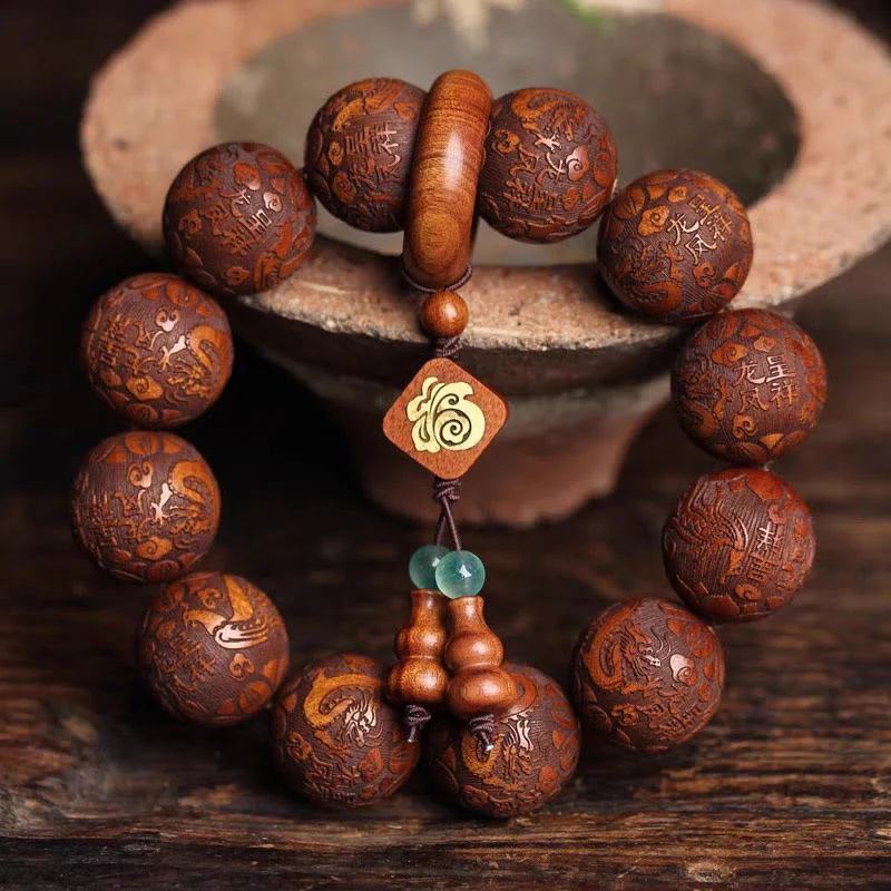 Buddha Stones Natural Carving Dragon And Phoenix Fu Character Gourd Rosewood Beads Warmth Bracelet