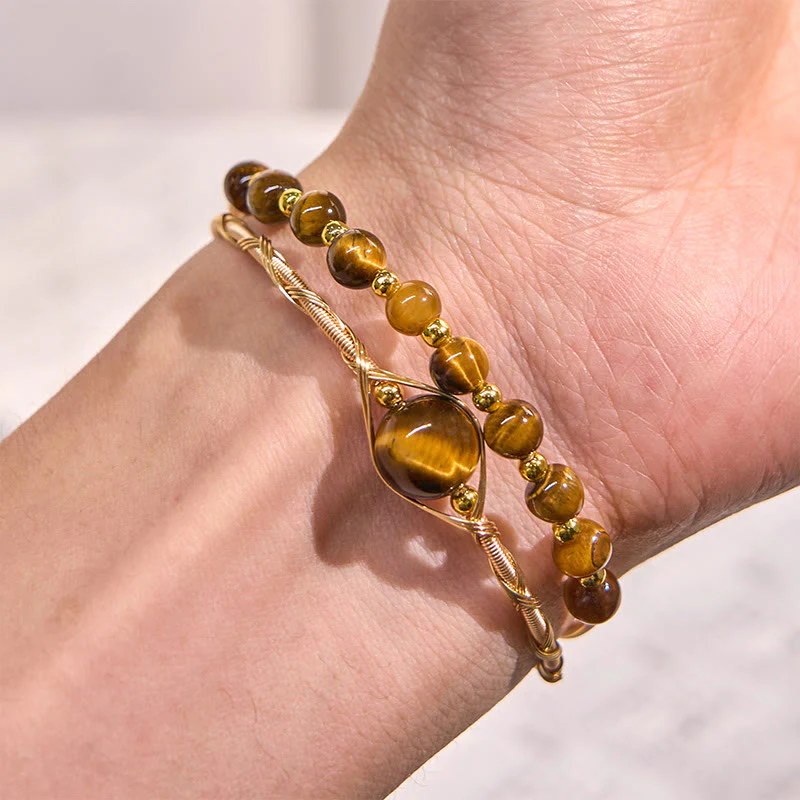 Buddha Stones 14K Gold Filled Copper Natural Tiger Eye Protection Metal Cuff Bracelet Bangle