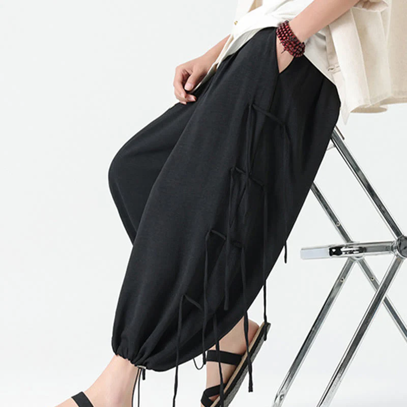 Buddha Stones Casual Loose Lanyard Design Waist Rope Men's 7-8 Length Spandex Pants With Pockets