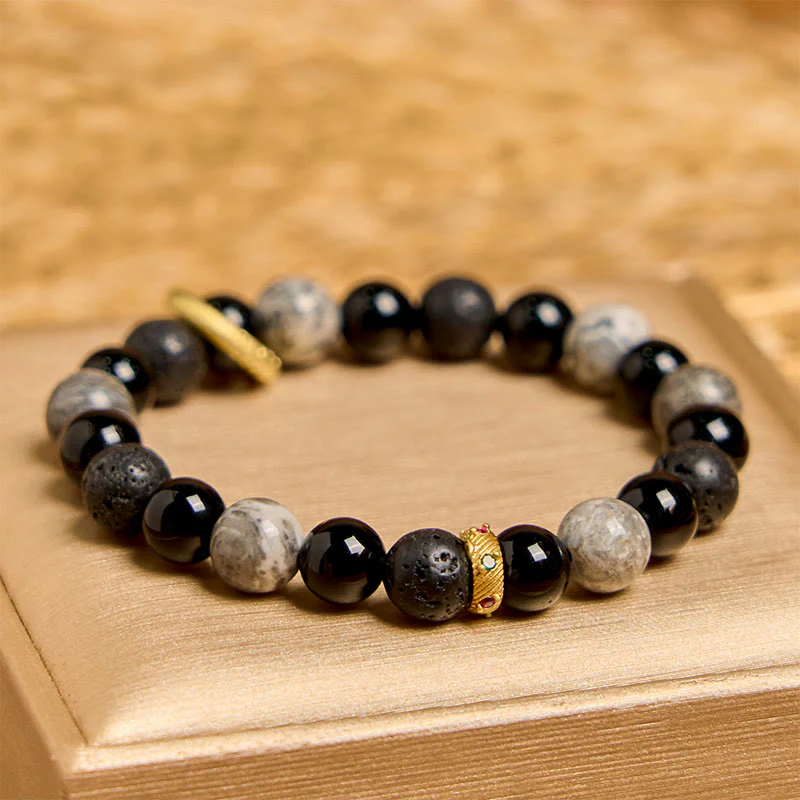 Buddha Stones Lava Rock Black Onyx Picasso Jasper Healing Bracelet