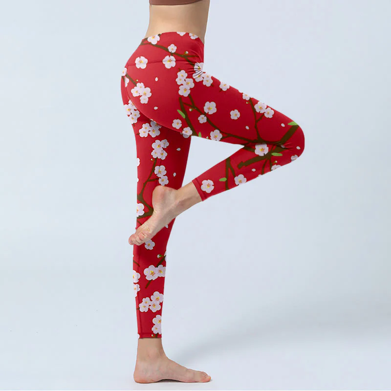 Buddha Stones Plum Blossoms Branches Leaves Pattern Print Gym Leggings Women's Yoga Pants