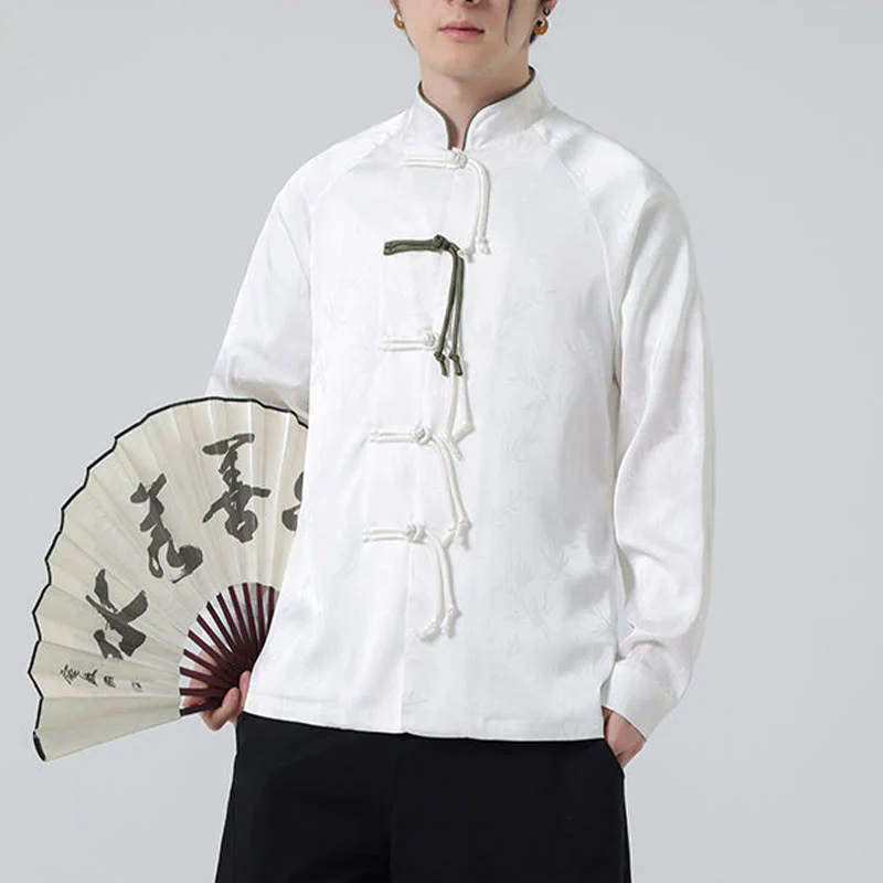 Buddha Stones Spring Jacquard Bamboo Leaves Pattern Chinese Frog-Button Design Men's Long Sleeve Shirt