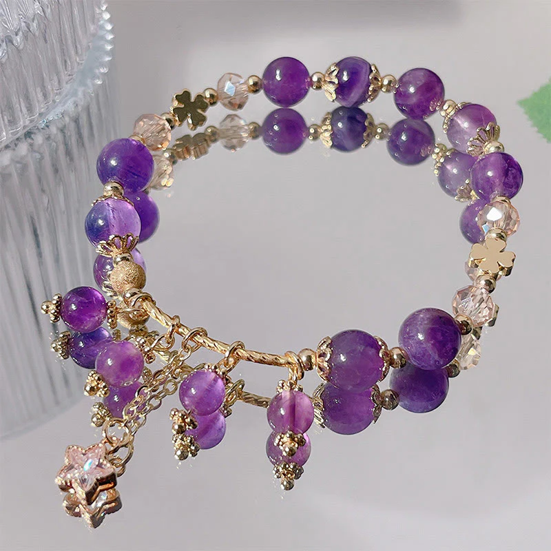 Buddha Stones Natural Amethyst Four Leaf Clover Star Peace Bracelet