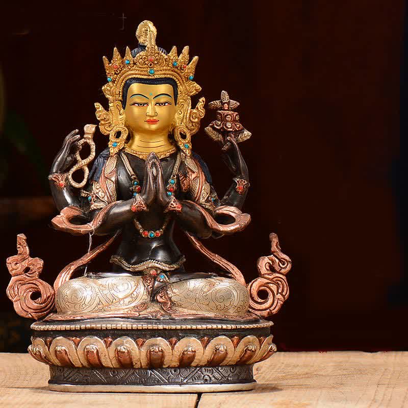 Buddha Stones Bodhisattva Chenrezig Four-armed Avalokitesvara Protection Copper Statue Decoration