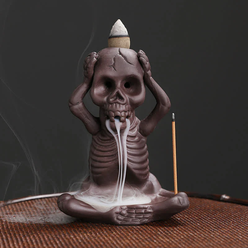Buddha Stones Little Skull Ghost Purple Clay Backflow Smoke Fountain Peace Incense Burner Decoration
