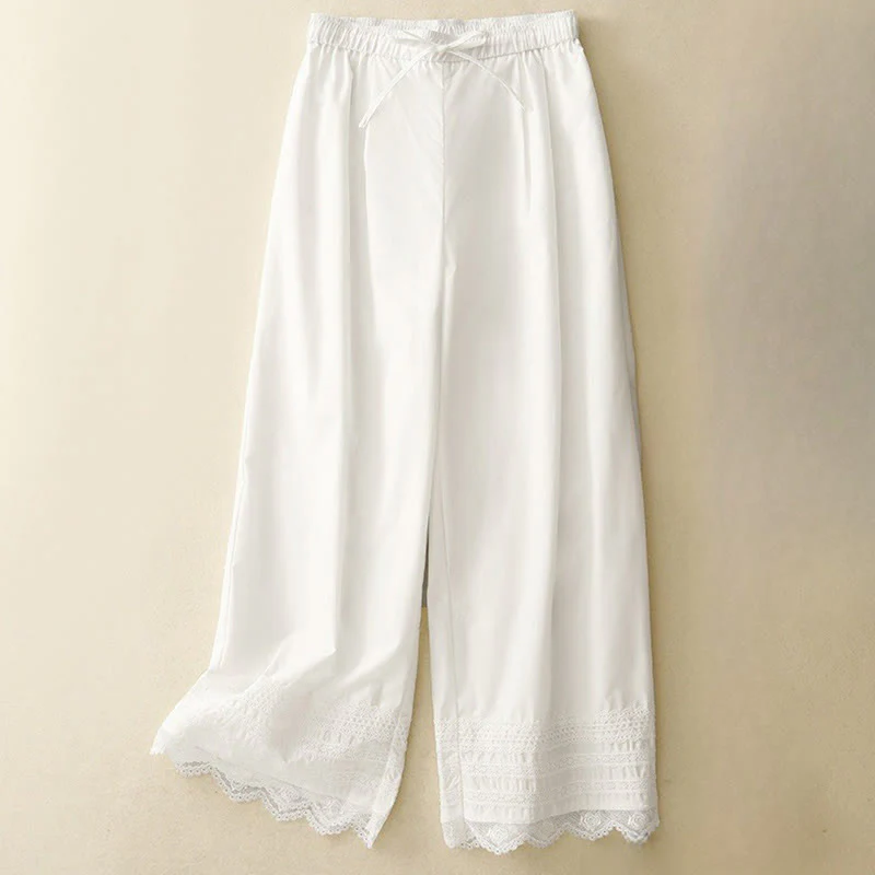 Buddha Stones Commute Plain Lace Patchwork Drawstring Design Women's Wide Leg Cotton Ankle-Length Pants With Pockets