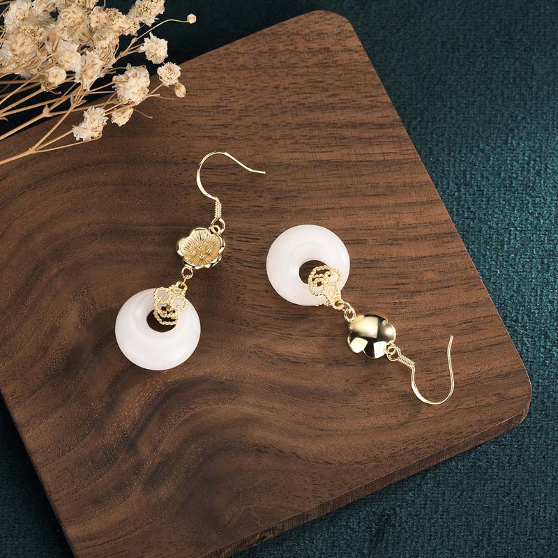 Buddha Stones FengShui White Jade Blessing Drop Earrings