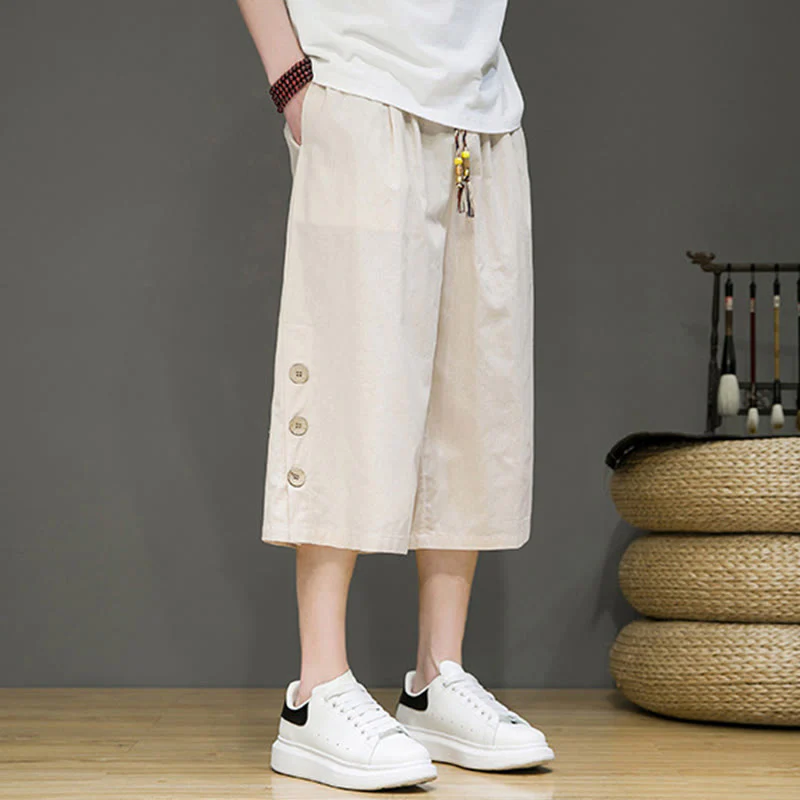 Buddha Stones Casual Plain Side Button Design Drawstring Men's Cotton Cropped Pants With Pockets