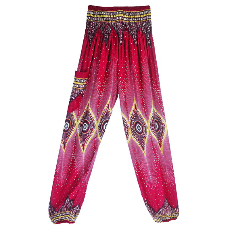 Buddha Stones Small Eye Peacock Feathers Pattern Loose Smocked Harem Trousers High Waist Women's Yoga Pants