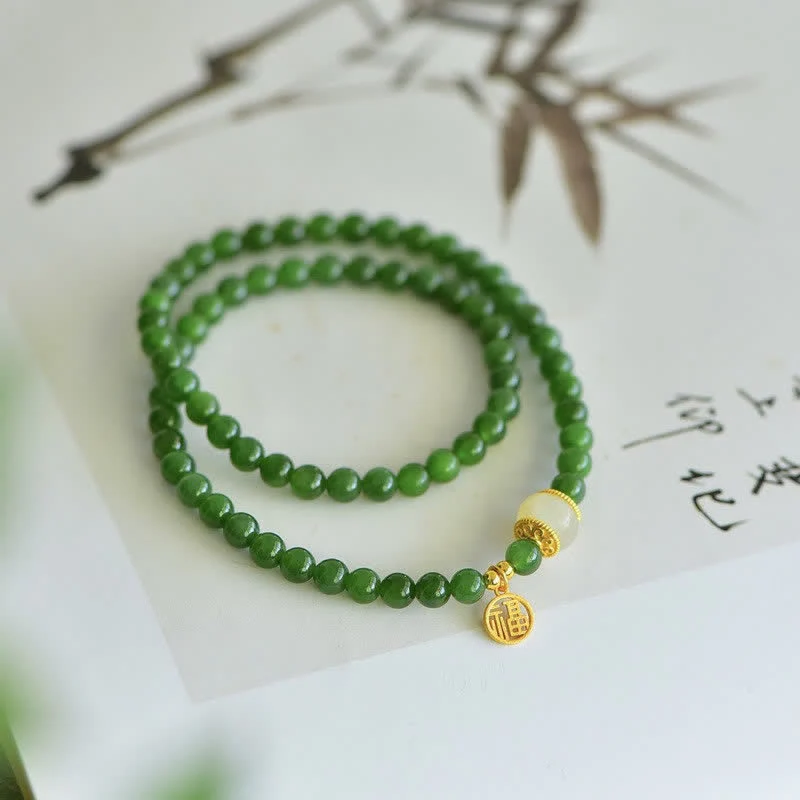 Buddha Stones Hetian Cyan Jade Happiness Blessing Bracelet