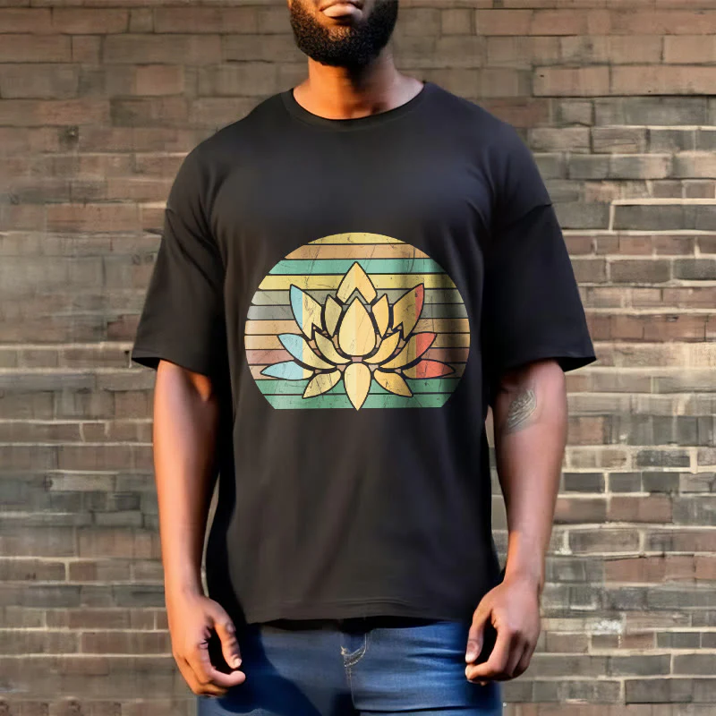 Buddha Stones Casual Retro Striped Background Lotus Flower Pattern Cotton Tee T-shirt
