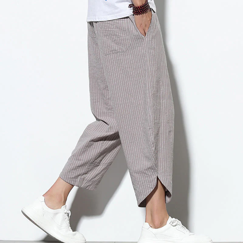 Buddha Stones Summer Stripes Pattern Drawstring Cotton Linen Men's 7-8 Length Harem Pants With Pockets
