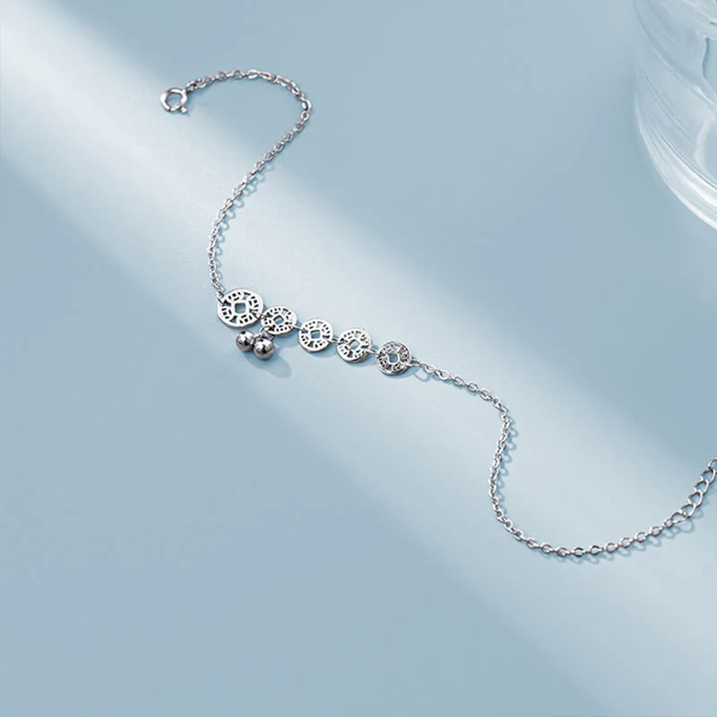 Buddha Stones 925 Sterling Silver Copper Coins Bells Protection Metal Anklet