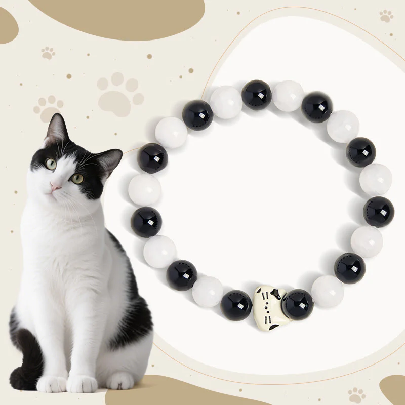 Buddha Stones Bicolor Cat Black Onyx White Chalcedony Fortune Bracelet