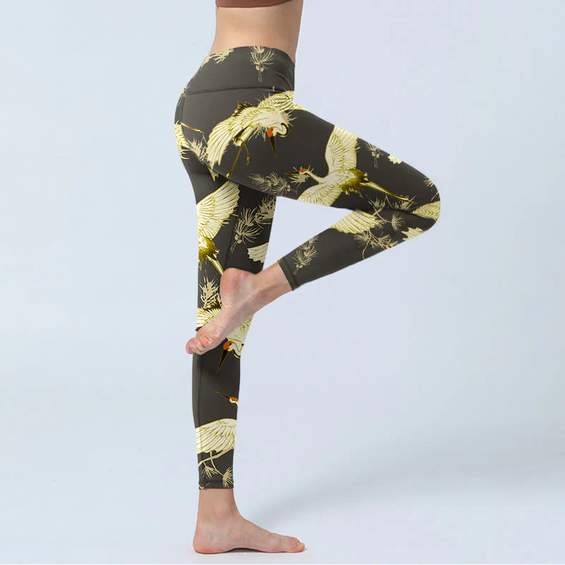 Buddha Stones Flying Red-crowned Crane Branch Pine Needles Pattern Print Gym Leggings Women's Yoga Pants