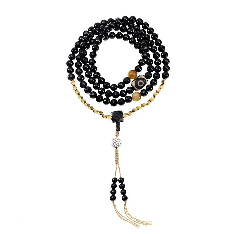 Buddha Stones Tibetan 108 Mala Beads Black Onyx Three-eyed Dzi Beads Protection Bracelet