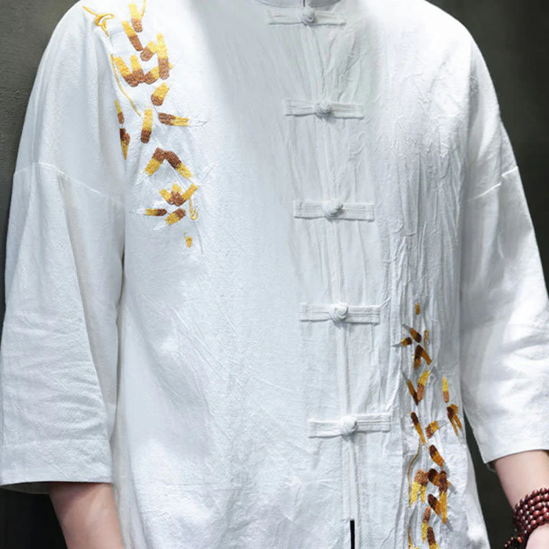 Buddha Stones Embroidery Men's  Chinese Frog-Button Three Quarter Sleeve Shirt Clothing
