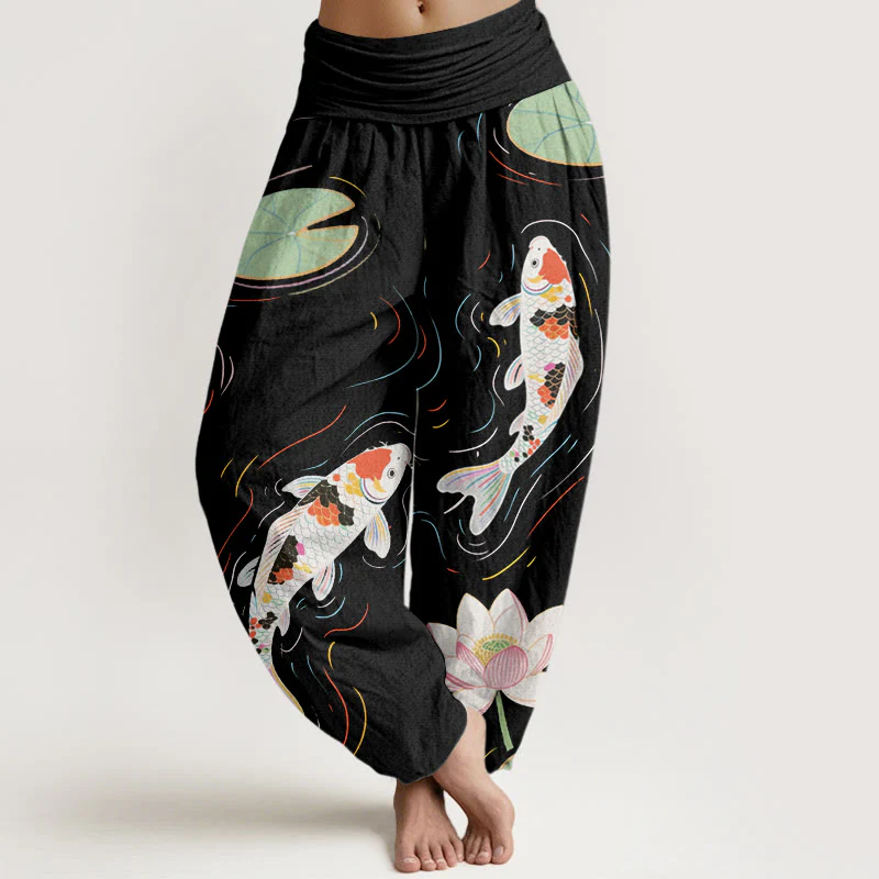 Buddha Stones Lotus Flower Lotus Leaves Koi Fish Water Ripples Pattern Women's Elastic Waist Harem Pants