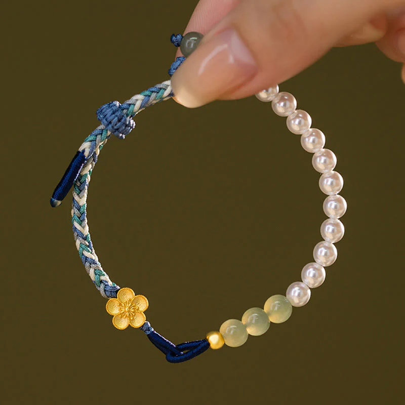 Buddha Stones 925 Sterling Silver Hetian Jade Peach Blossom Flower Pearl Braided Luck Bracelet